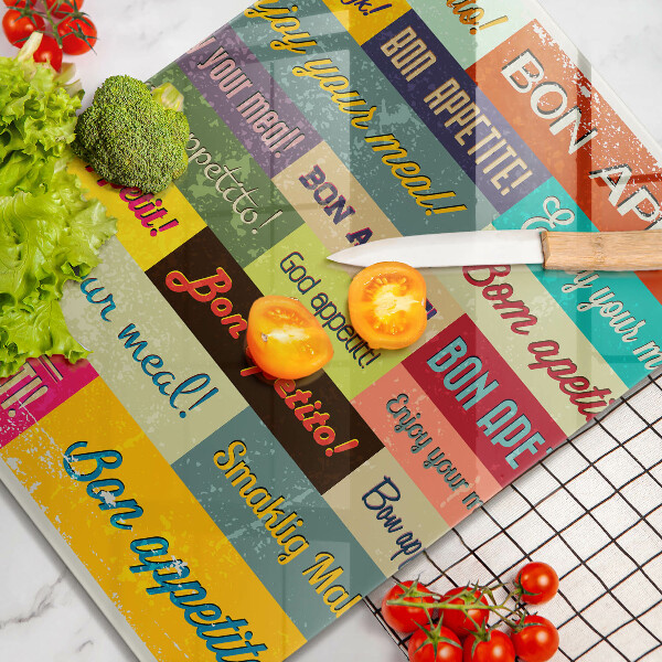 Tábua de corte de vidro Bon appetit legendas idiomas