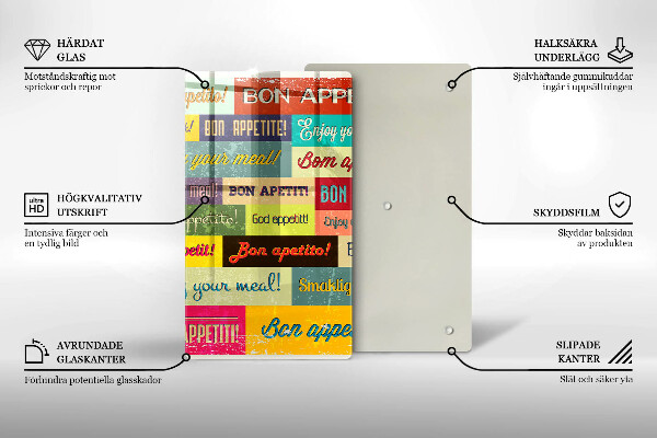 Tábua de corte de vidro Bon appetit legendas idiomas