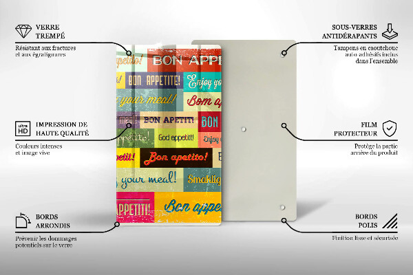 Tábua de corte de vidro Bon appetit legendas idiomas