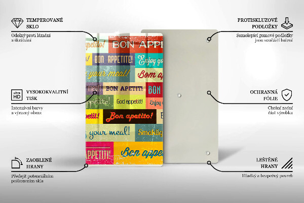 Tábua de corte de vidro Bon appetit legendas idiomas