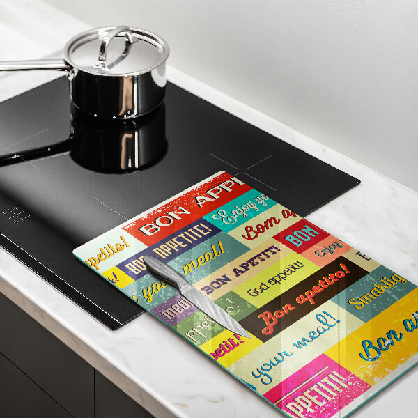 Tábua de corte de vidro Bon appetit legendas idiomas