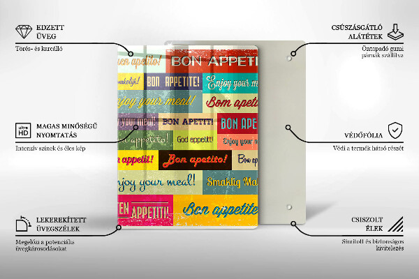 Tábua de corte de vidro Bon appetit legendas idiomas