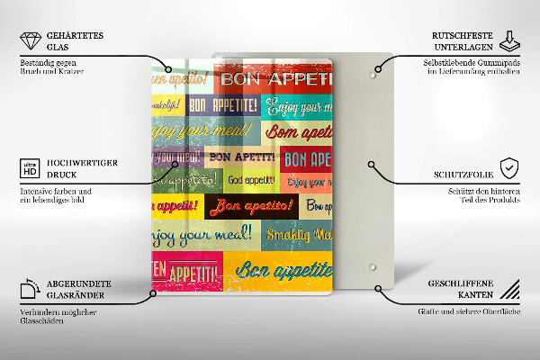 Tábua de corte de vidro Bon appetit legendas idiomas