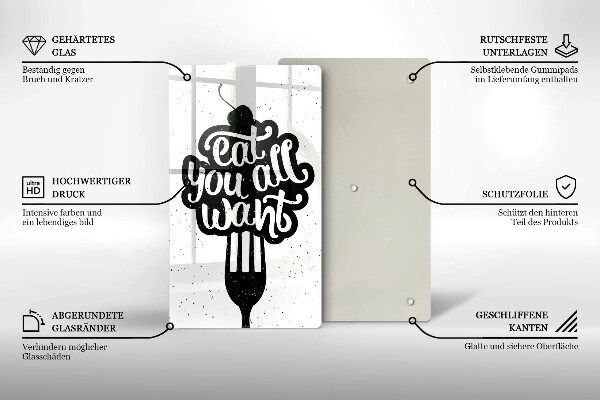 Tábua de corte de vidro A inscrição Coma tudo que você quiser