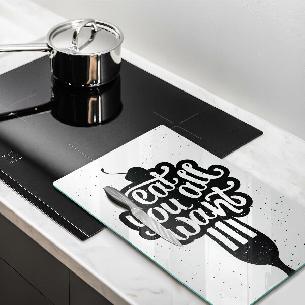 Tábua de corte de vidro A inscrição Coma tudo que você quiser