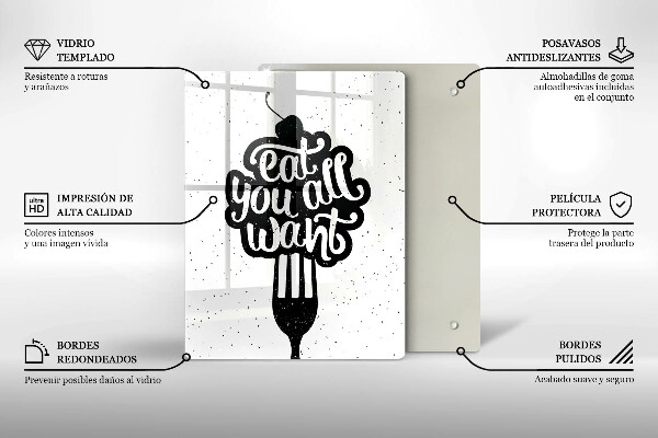 Tábua de corte de vidro A inscrição Coma tudo que você quiser