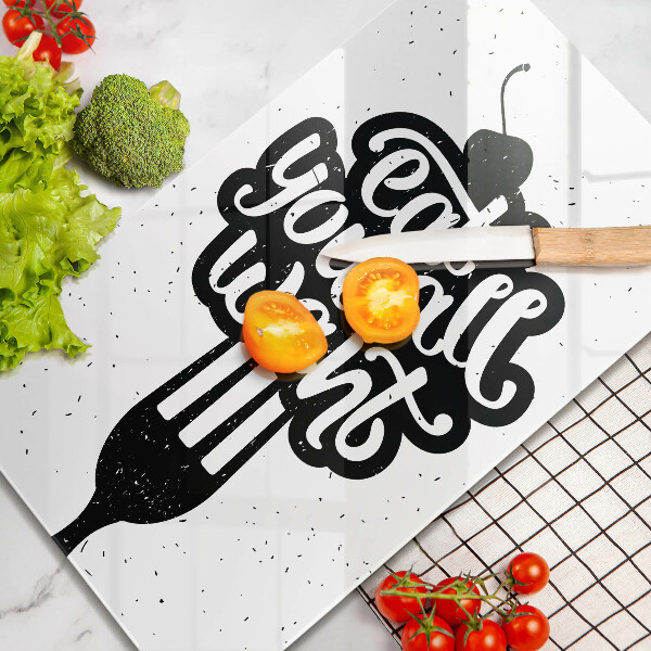 Tábua de corte de vidro A inscrição Coma tudo que você quiser