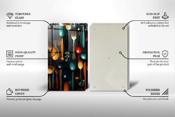 Tábua de corte de vidro Colheres e garfos coloridos