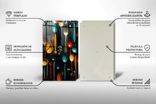 Tábua de corte de vidro Colheres e garfos coloridos