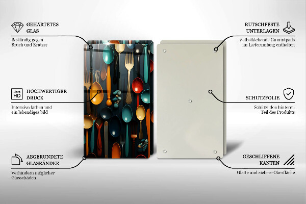 Tábua de corte de vidro Colheres e garfos coloridos