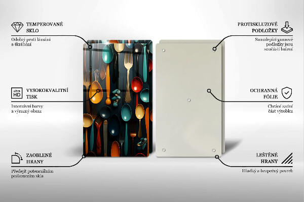 Tábua de corte de vidro Colheres e garfos coloridos