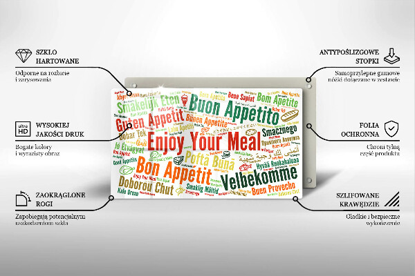 Tábua de cortar de vidro Bon appetit legendas idiomas