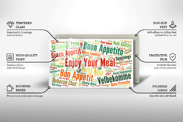 Tábua de cortar de vidro Bon appetit legendas idiomas