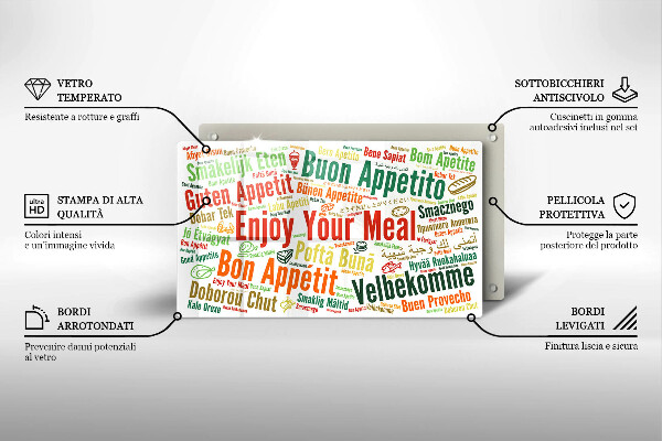 Tábua de cortar de vidro Bon appetit legendas idiomas