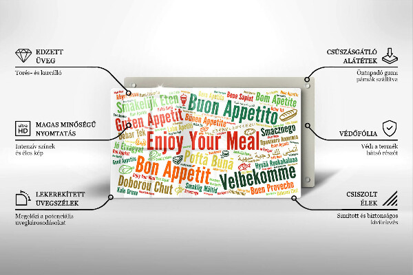 Tábua de cortar de vidro Bon appetit legendas idiomas