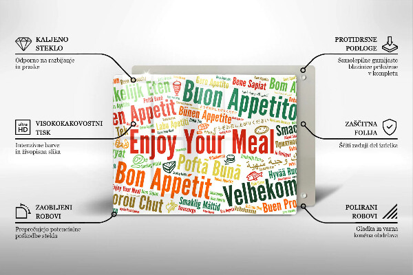 Tábua de cortar de vidro Bon appetit legendas idiomas