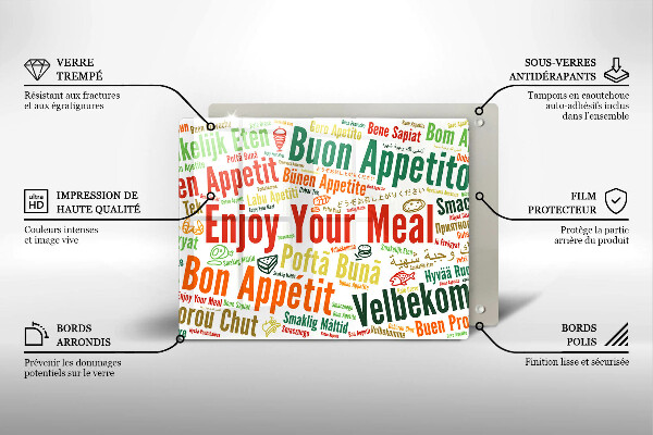 Tábua de cortar de vidro Bon appetit legendas idiomas