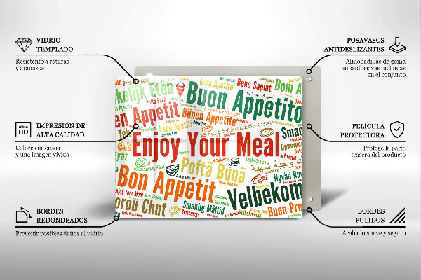 Tábua de cortar de vidro Bon appetit legendas idiomas