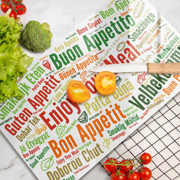 Tábua de cortar de vidro Bon appetit legendas idiomas