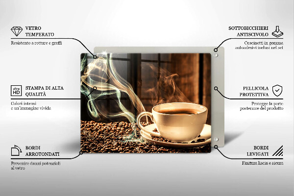 Tábua de corte de vidro Uma xícara e grãos de café