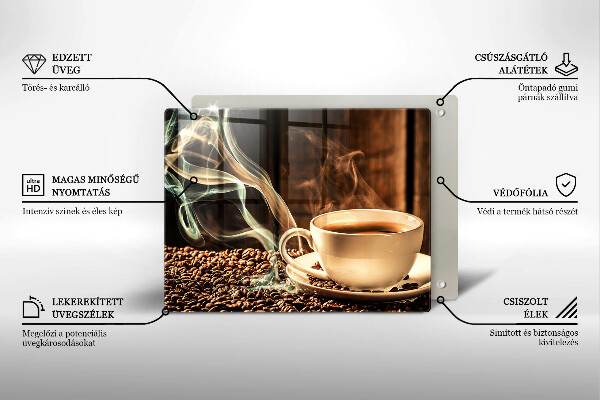 Tábua de corte de vidro Uma xícara e grãos de café