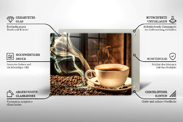 Tábua de corte de vidro Uma xícara e grãos de café