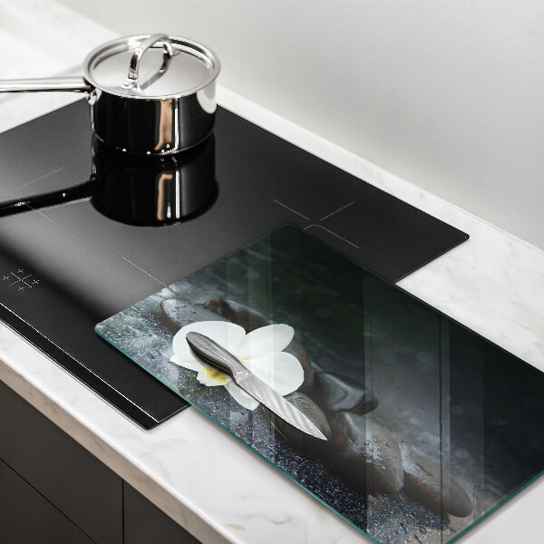 Tábua de vidro Pedras Zen de flores brancas