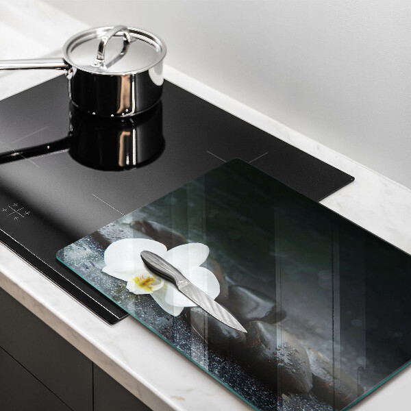 Tábua de vidro Pedras Zen de flores brancas