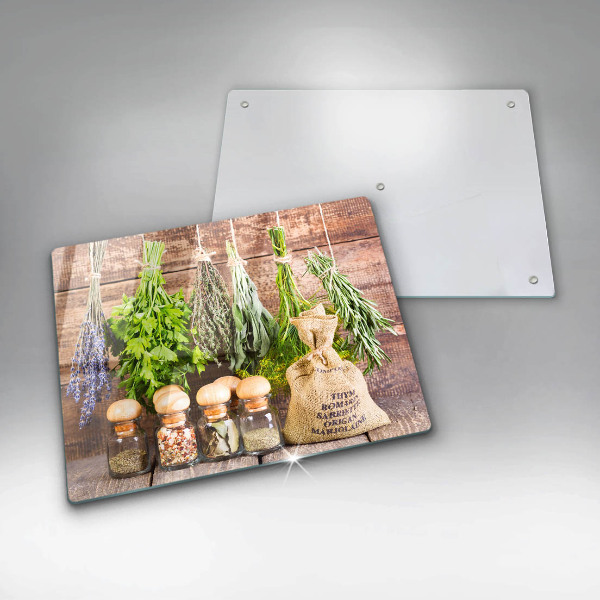 Tábua de vidro Ervas especiarias e madeira