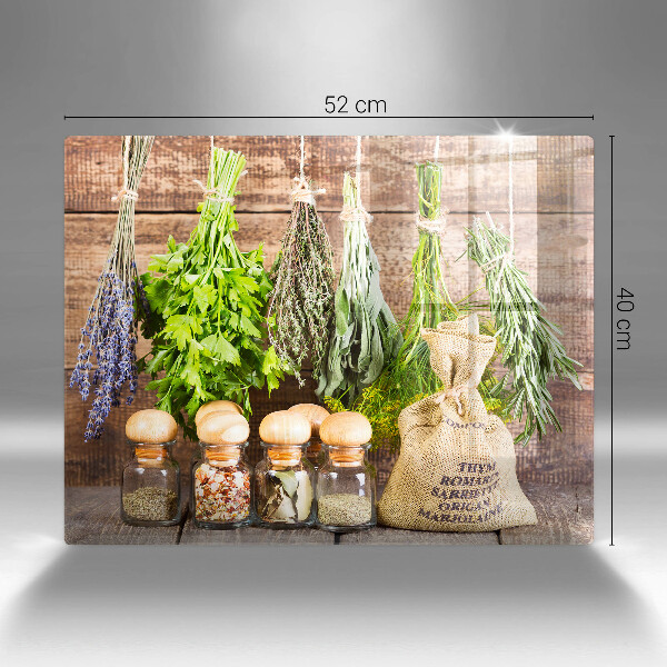Tábua de vidro Ervas especiarias e madeira