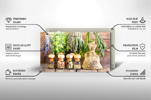 Tábua de vidro Ervas especiarias e madeira