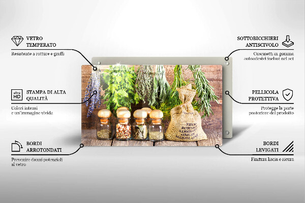 Tábua de vidro Ervas especiarias e madeira