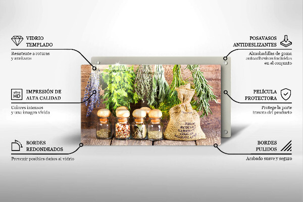 Tábua de vidro Ervas especiarias e madeira