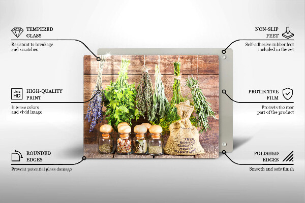 Tábua de vidro Ervas especiarias e madeira