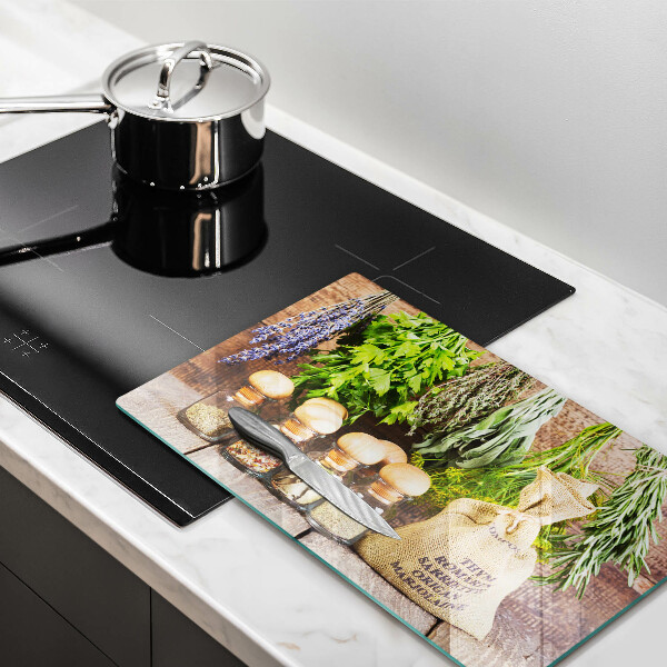 Tábua de vidro Ervas especiarias e madeira