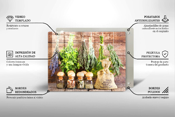 Tábua de vidro Ervas especiarias e madeira