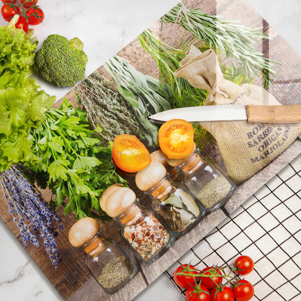 Tábua de vidro Ervas especiarias e madeira