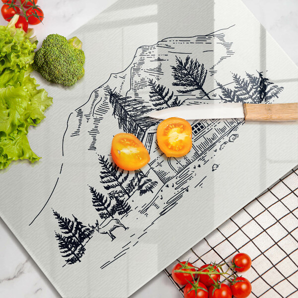 Tábua cozinha Desenho de uma casa de campo nas montanhas