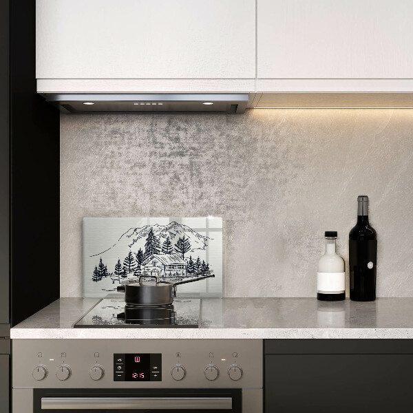 Tábua cozinha Desenho de uma casa de campo nas montanhas