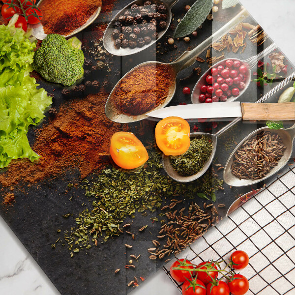 Tábua de cortar alimentos colheres de especiarias