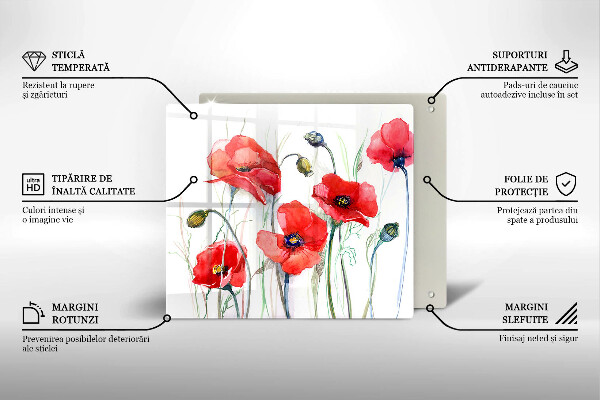 Tábua de vidro flores de papoulas vermelhas