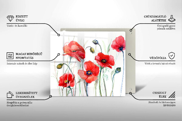 Tábua de vidro flores de papoulas vermelhas