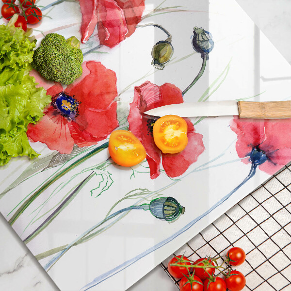 Tábua de vidro flores de papoulas vermelhas