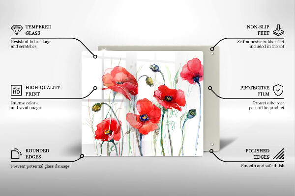 Tábua de vidro flores de papoulas vermelhas