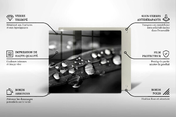 Tábua de cortar de vidro Gotas de orvalho nas folhas