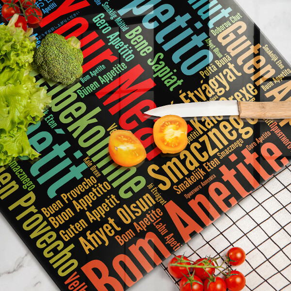 Tábua de corte de vidro Bon appetit legendas idiomas