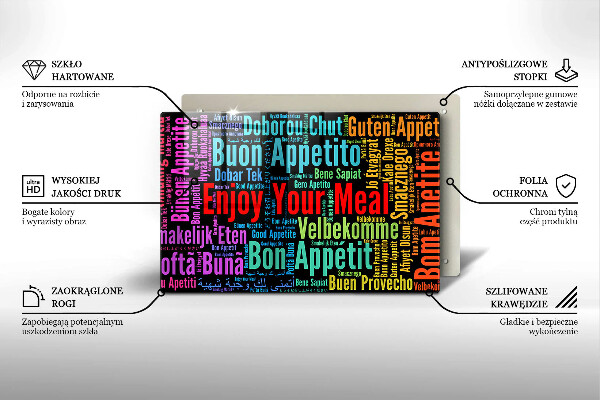 Tábua de corte de vidro Bon appetit legendas idiomas