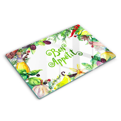 Tábua de corte de vidro A inscrição Bon Appetit