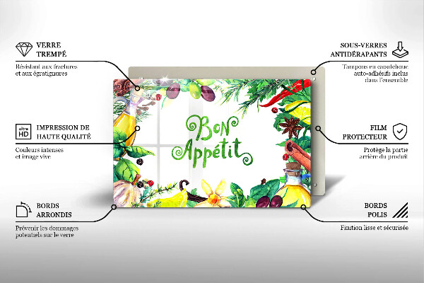 Tábua de corte de vidro A inscrição Bon Appetit