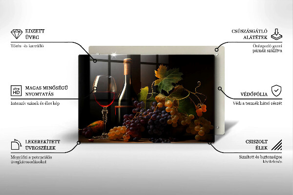 Tábua de cortar de vidro Um copo de vinho e uvas